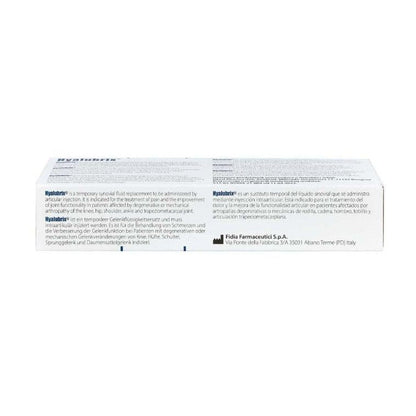 Hyalubrix Gelenkspritze mit 30mg/2ml Hyaluronsäure von Fidia Pharma für Kniegelenksbehandlung, injiziert in das Kniegelenk.