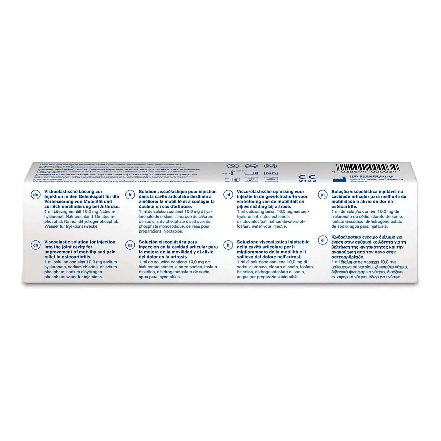 Ostenil 20mg/2ml Hyaluronsäure Gelenkspritze von TRB Chemedica, intraartikuläre Anwendung in der Box sichtbar