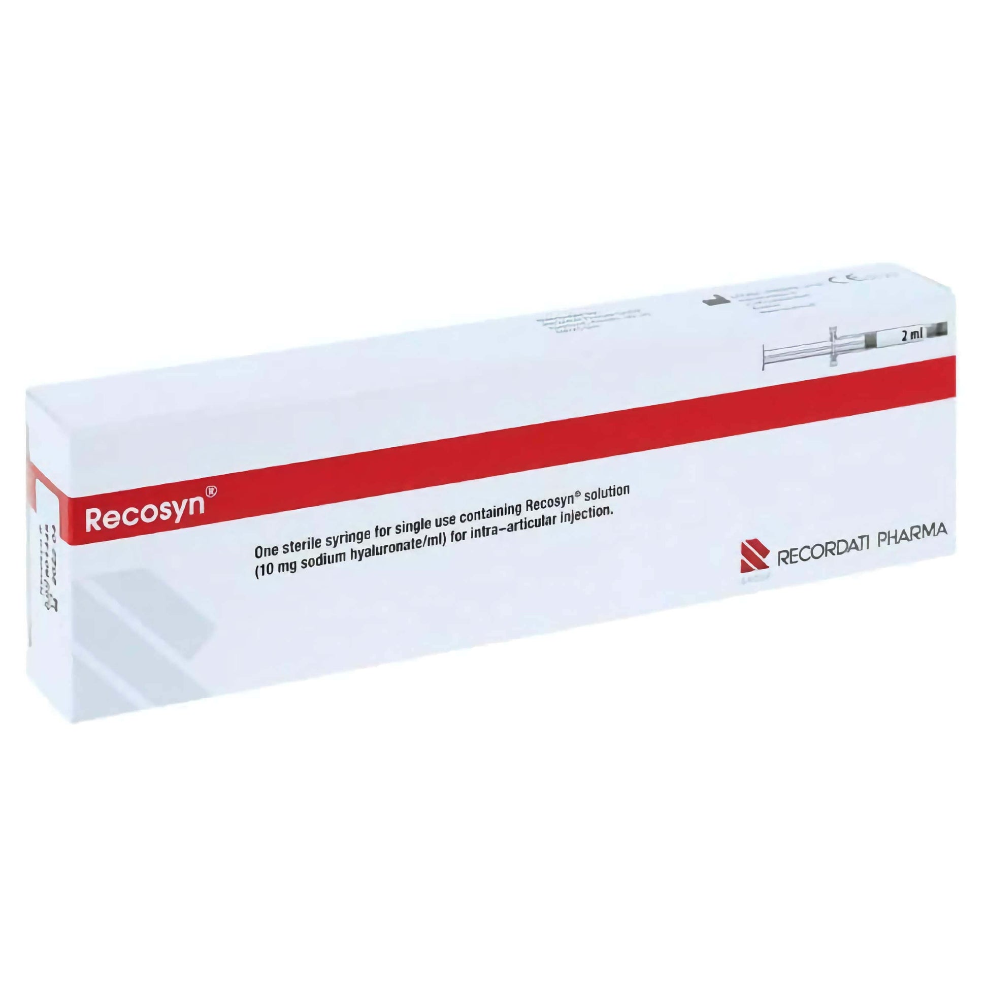 Hyaluronsäure-Injektion in Fertigspritze, Recosyn 20mg, für Gelenkinjektionen bei Arthrose, von Recordati Pharma.