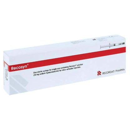 Hyaluronsäure-Injektion in Fertigspritze, Recosyn 20mg, für Gelenkinjektionen bei Arthrose, von Recordati Pharma.