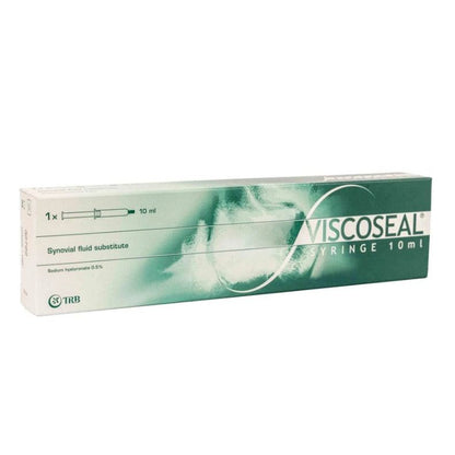 Viscoseal 50mg/10ml Gelenkspritze mit Hyaluronsäure für Adhäsionsprophylaxe, von TRB Chemedica AG, in einer Injektionsspritze.
